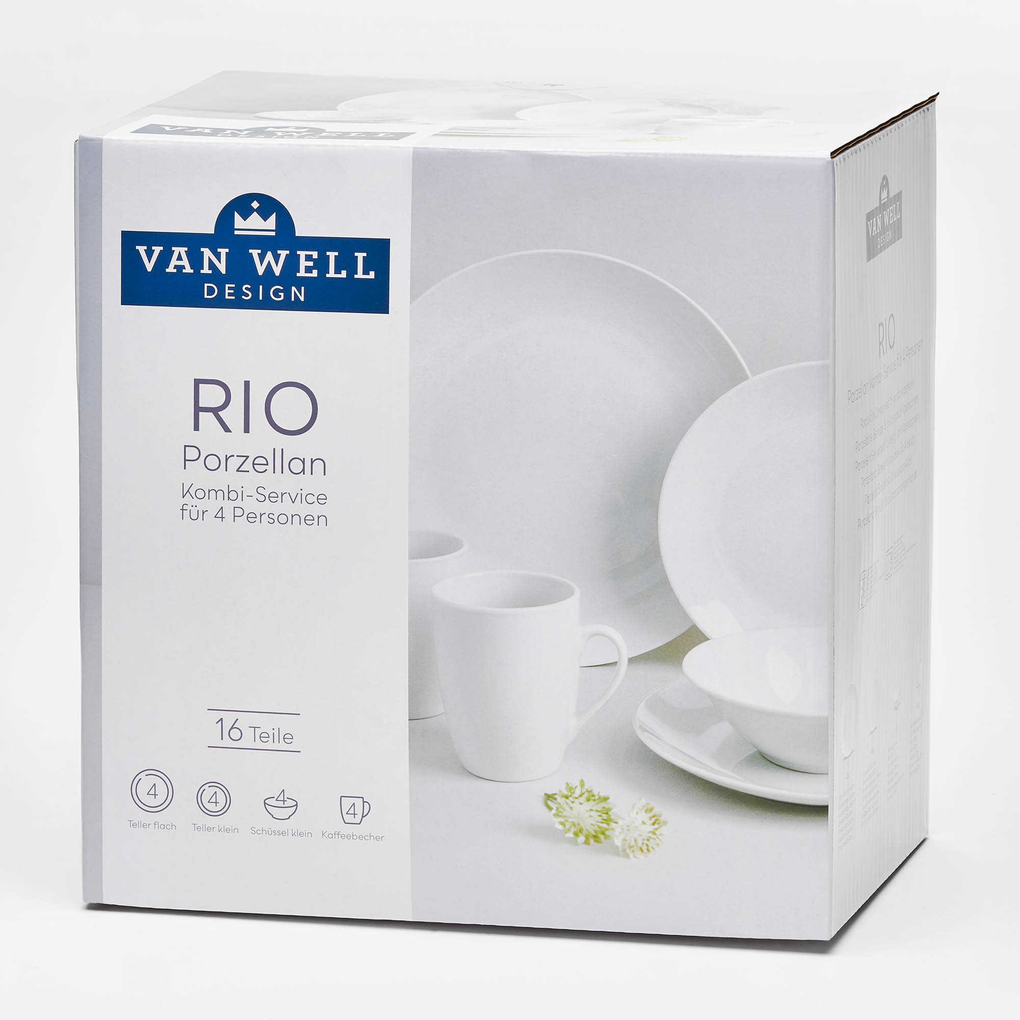 VAN | Porzellan WELL | 4 TRINKEN & Personen weiß 16-teilig 1a-Neuware Porzellan | Coupe-Form | Kombiservice ESSEN für RIO Kombiservice